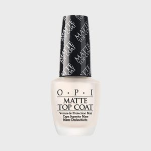 A bottle of OPI matte top coat nail polish stands against a plain background. The cap has repeating text 