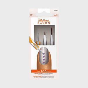 Nail tool kit includes brushes and dotting tool, displayed with nail art design on a finger. Packaging shows 