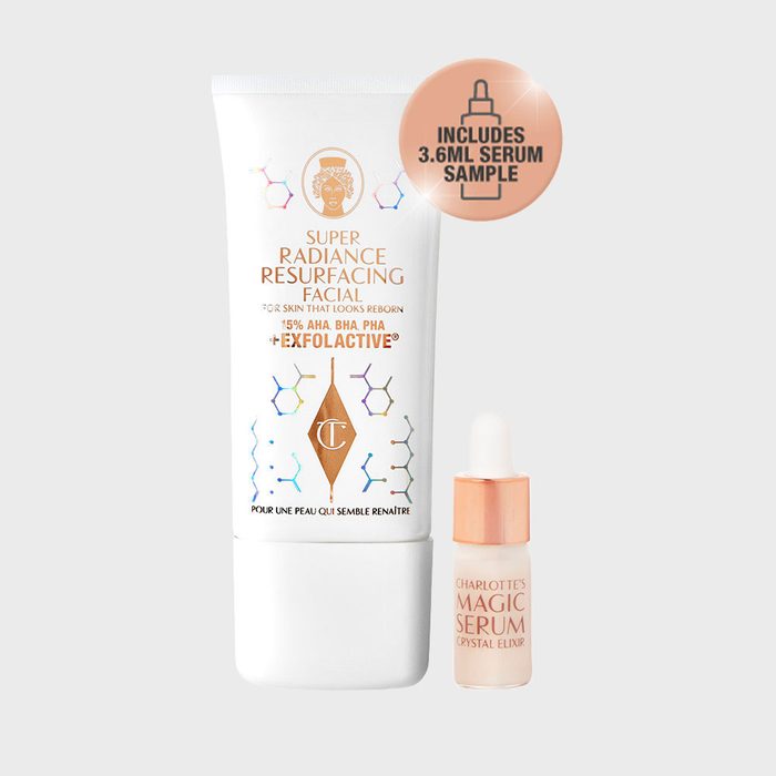 A white tube of resurfacing facial cream with a small serum dropper bottle, both presented on a light background.