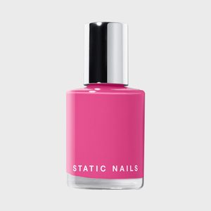 Pink nail polish bottle with a silver cap, against a plain white background; text reads 