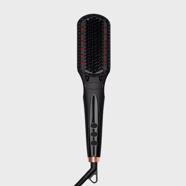 Black hair straightening brush with red indicator lights, shown against a plain gray background. The handle has three circular buttons.