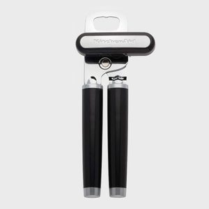 Can opener displayed upright with black handles, featuring the brand 