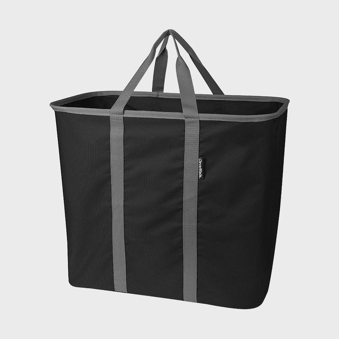 A black rectangular tote bag with gray handles and trim, placed against a plain light-gray background.