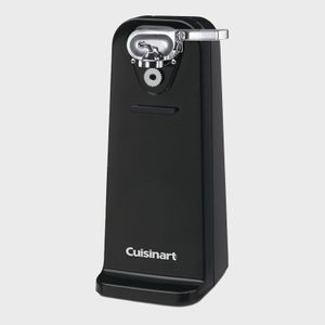 Electric can opener, standing upright, against a plain gray background. The base displays the brand name 