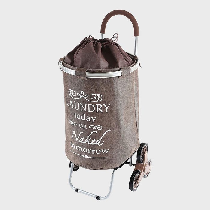 Cart holds laundry, featuring text, 