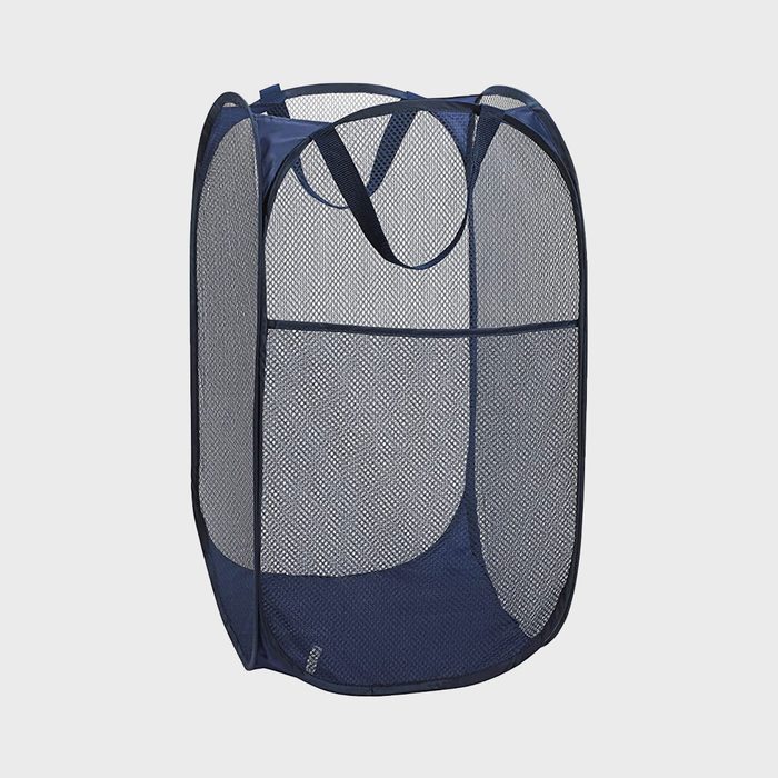Mesh laundry hamper stands upright, featuring dark blue edges and handles. The background is plain white.