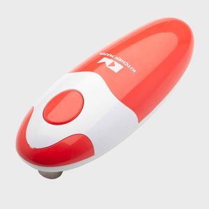 Red and white handheld electric can opener, with a visible button, labeled 
