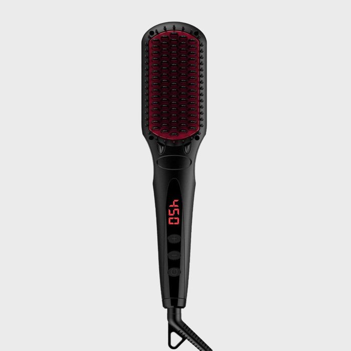 A hair straightener brush displays 