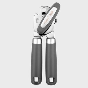 Can opener with gray grips is closed against a plain background. Text on the handle includes 