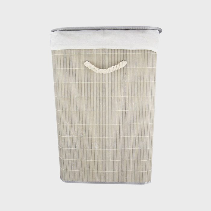 Rectangular laundry hamper with a rope handle, standing upright against a plain white background.