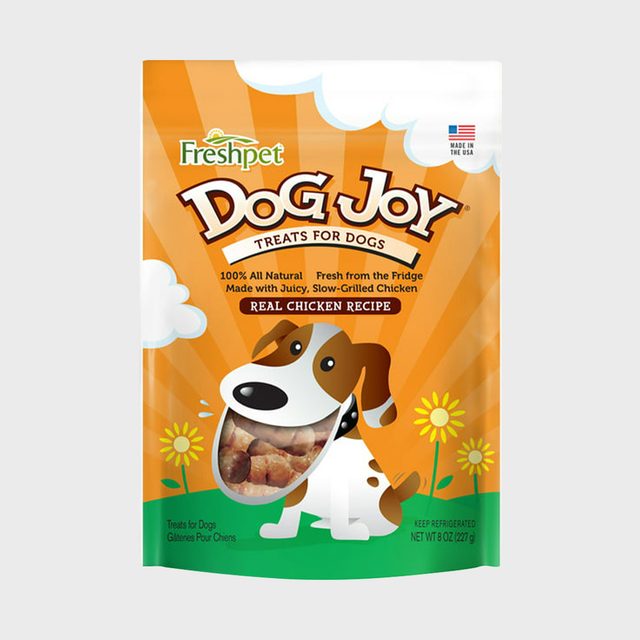 Dog treat package depicts a cartoon dog smiling, with 