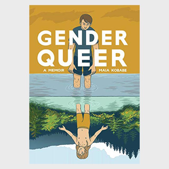 Person stands knee-deep in water, gazing downwards; their reflection displays different attire, surrounded by forest. Text reads 