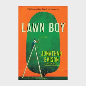 A person trims a tree-shaped bush while standing on a ladder, against an orange backdrop with text: 