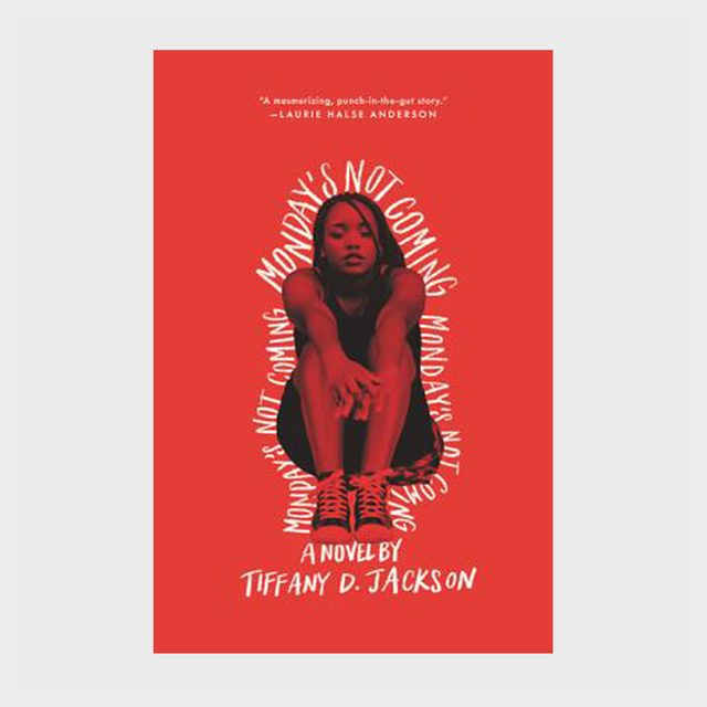 Seated person hugs knees; red background. Text surrounds: 