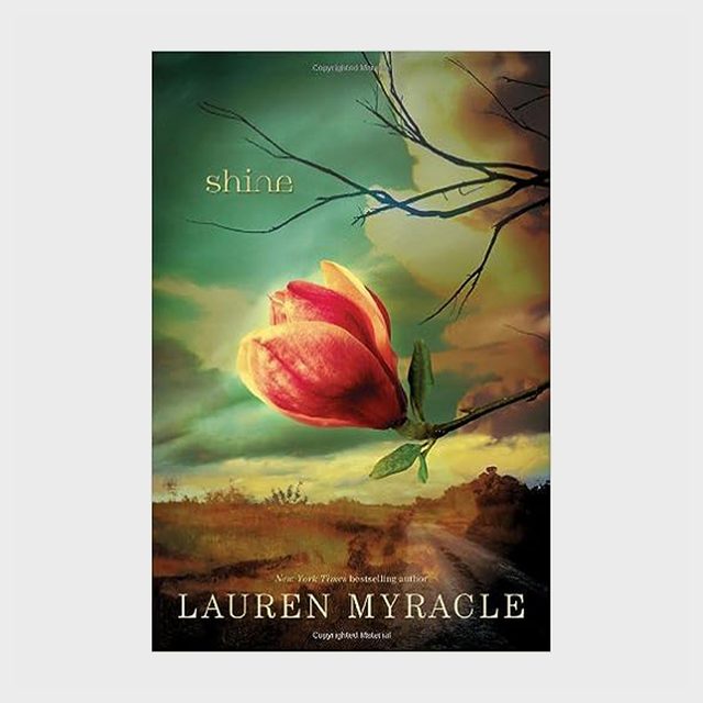 A red flower blooms on a branch against a dramatic sky. Text: 