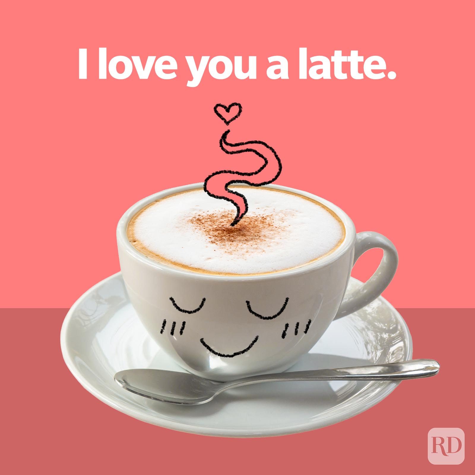 Cup smiles with steam forming heart; message reads "I love you a latte." Pink background with spoon on saucer.
