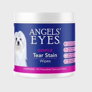 Container of Angel's Eyes gentle tear stain wipes featuring a white dog; contains 100 presoaked textured wipes.