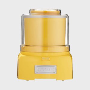 Yellow ice cream maker stands; features clear lid and simple controls, branded Cuisinart, on white background.
