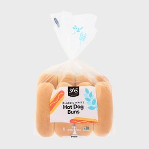Bag contains eight hot dog buns, labeled 