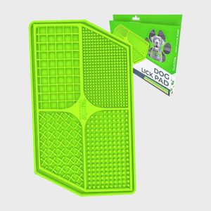 Green textured lick pad lies flat; packaging box displays product image and text: â€œDog Lick Pad.â€ Pictured against a plain white background.