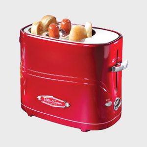 Red hot dog toaster cooks hot dogs and buns, featuring 