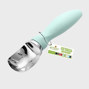 An ice cream scoop with a mint green handle displayed against a plain background. A tag reads 