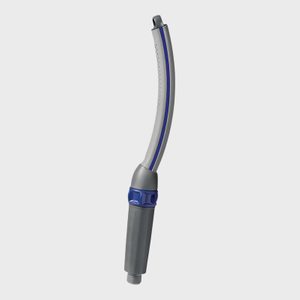 Curved grey shower hose with a blue connector, resting on an off-white background.