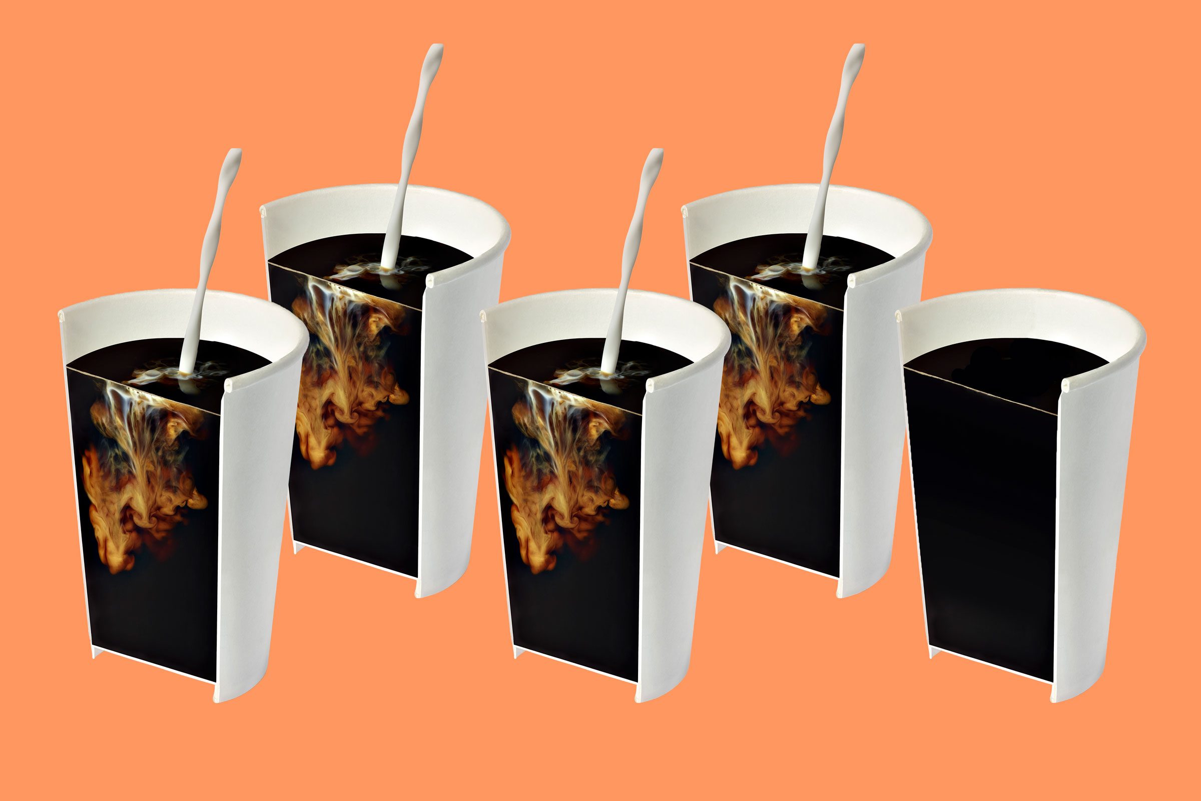 four coffee cross section with milk being added and one black coffee cross section