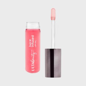 Lip oil bottle, open with wand removed, displayed against a plain background. Text reads â€œULTA Beauty Juice Infused Lip Oil.â€