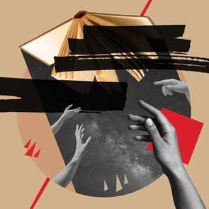 Open book hovering, pages spread, above hands reaching from a starry background with geometric shapes and black brushstrokes on a beige canvas.