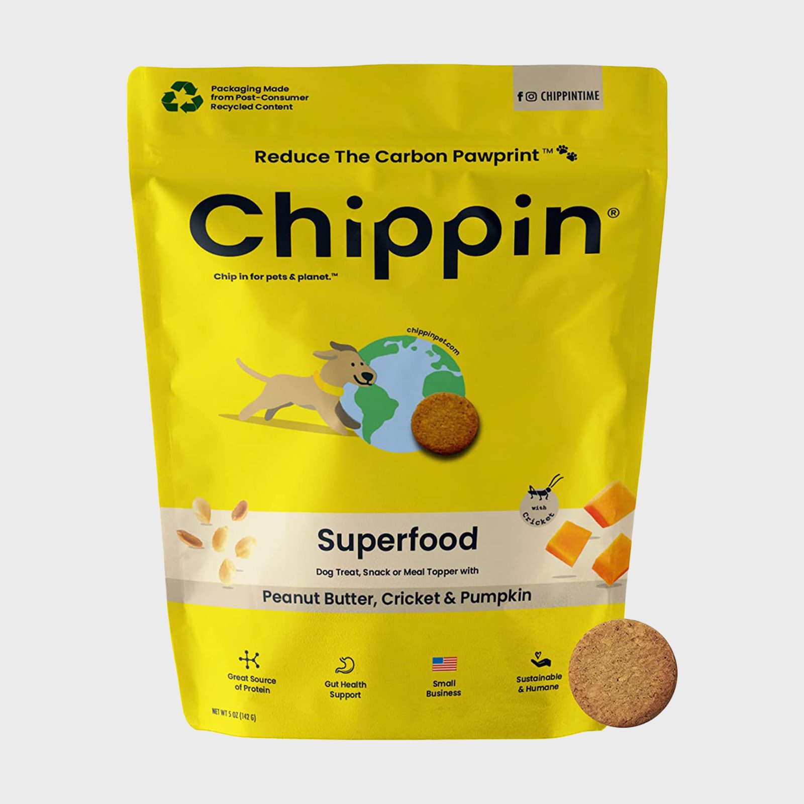 A yellow package labeled "Chippin" contains dog treats featuring peanut butter, cricket, and pumpkin. Includes icons indicating protein, gut health support, and sustainability.