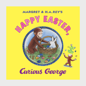 A monkey places a rabbit in a basket surrounded by Easter eggs on grass under a bright yellow sky.
