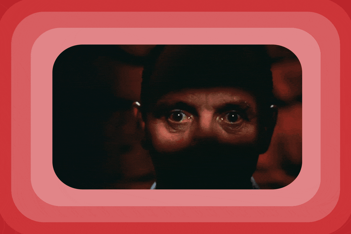 A person's face, partially shadowed, is centered with wide eyes in a dark room. Surrounded by red, retro-styled graphic borders.