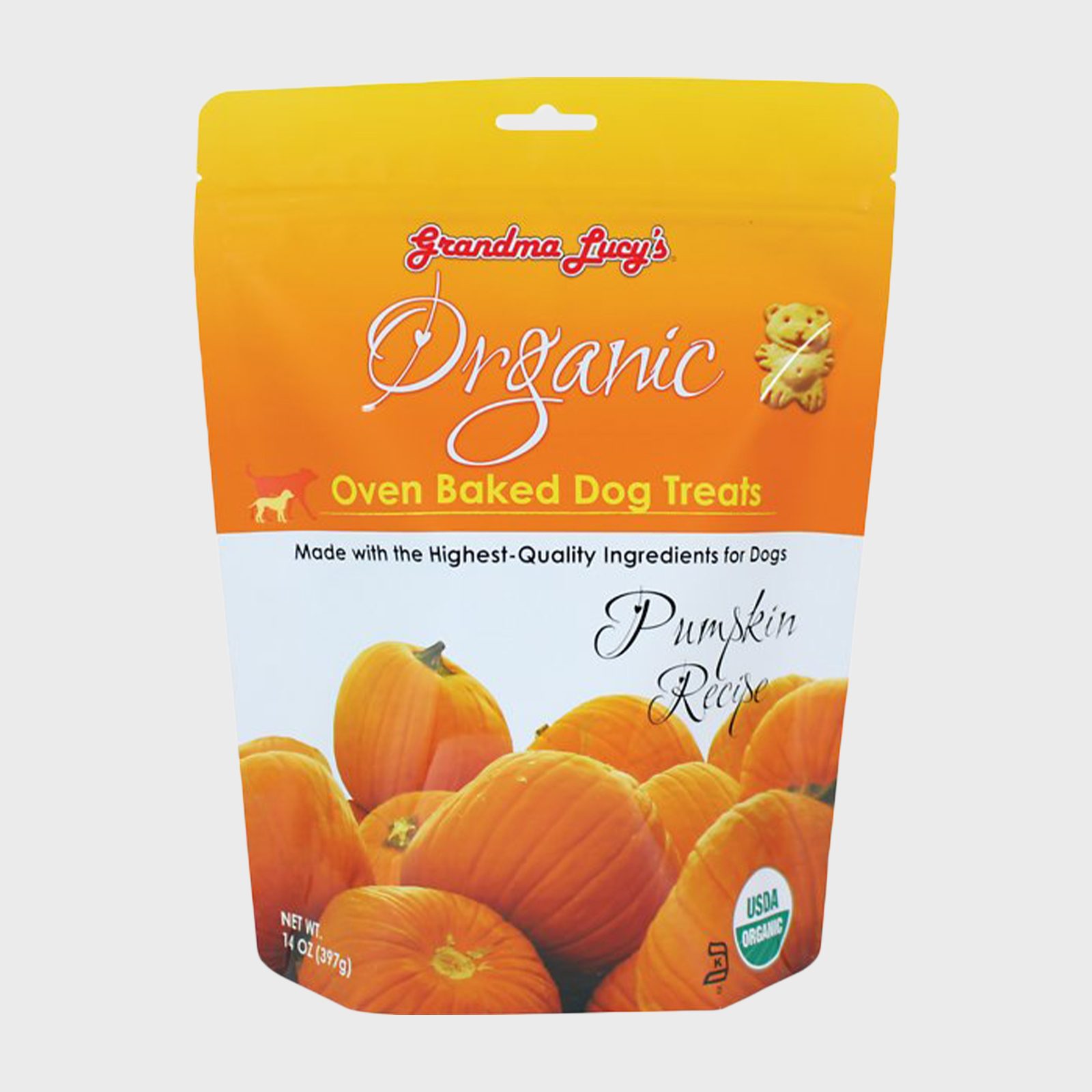 Packet displays "Grandma Lucy's Organic Oven Baked Dog Treats" with pumpkins, text highlighting high-quality ingredients, USDA organic label. 14 oz size, pumpkin recipe.