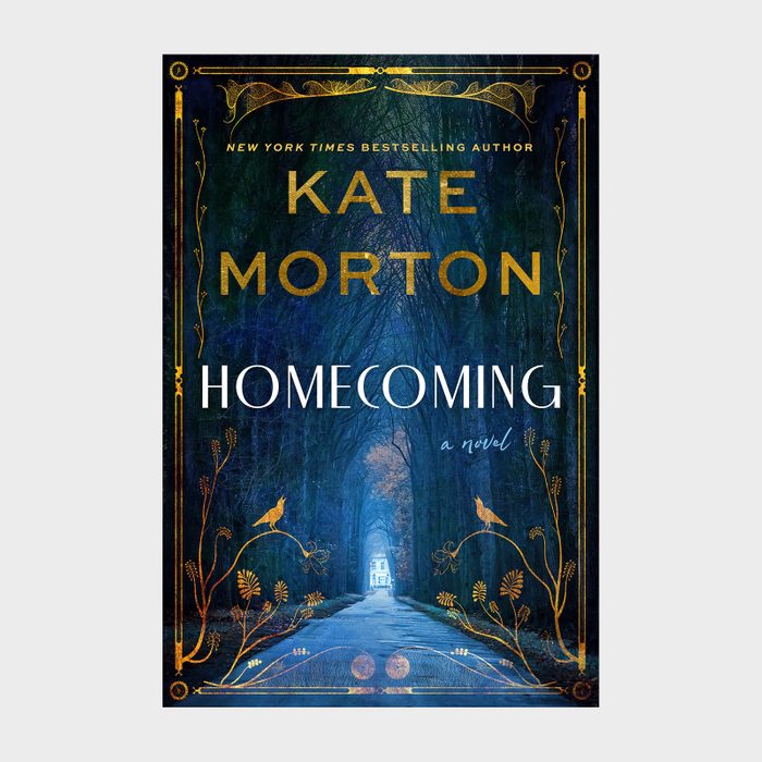 Book cover features a house at the end of a tree-lined path; gold decorative elements and text: 