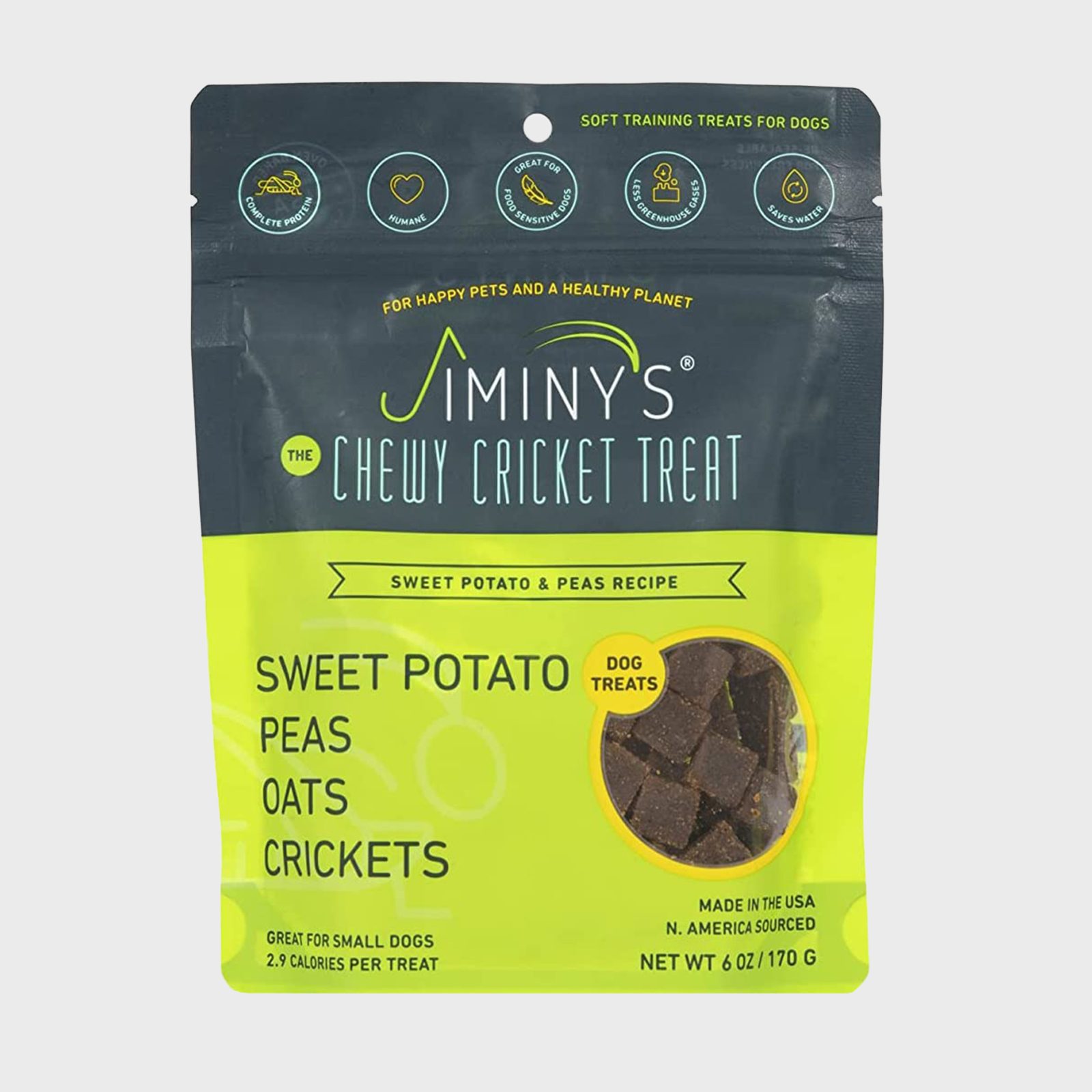 Dog treats are packaged in a vibrant bag, promising chewy cricket snacks, showcasing sweet potato, peas, oats ingredients, and promoting sustainability for happy pets.