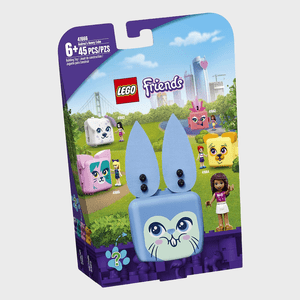 A LEGO Friends bunny cube toy displays in colorful packaging featuring city skyline, park scene, and other character-themed cubes. Text includes set number 41666.
