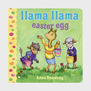 Three cartoon llamas hold colorful baskets, walking on a grassy field with flowers. Text: 