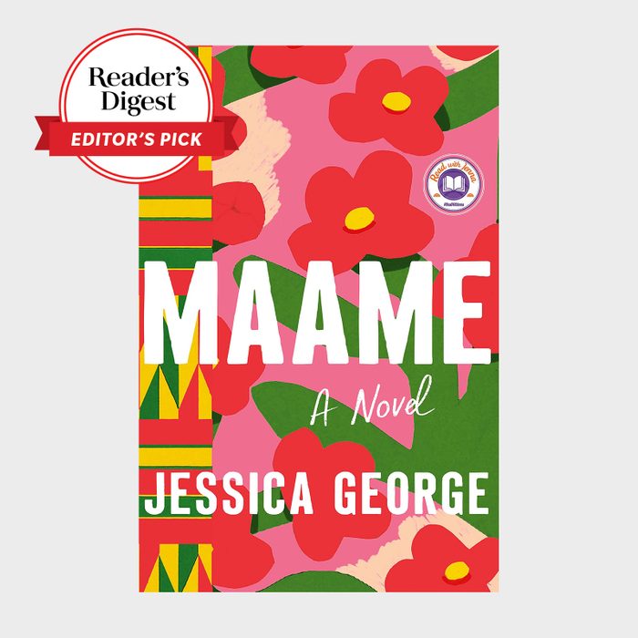 Book cover features bold red flowers on a pink background, text reads 