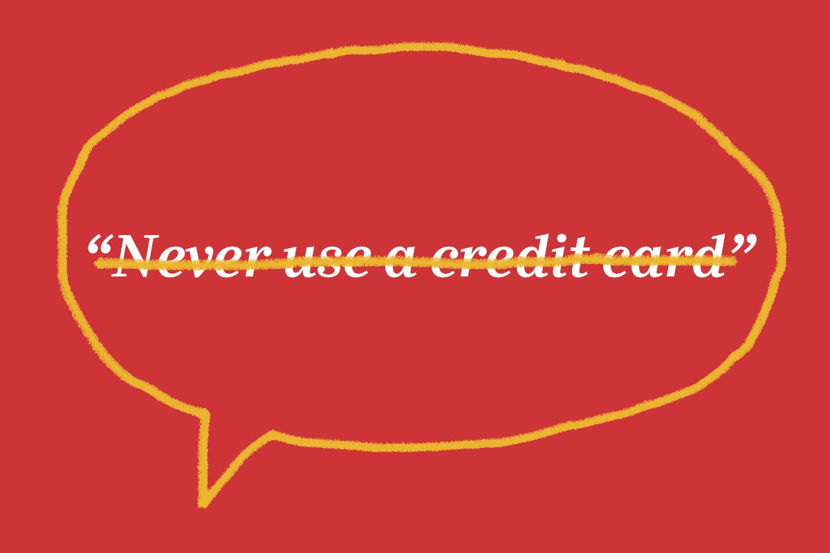 Speech bubble contains text "Never use a credit card" crossed out, set against a red background.