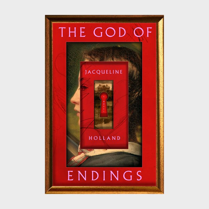 Book cover displays a red frame with a woman's profile, featuring the title 