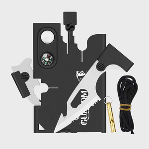 Multi-tool card displays various tools including a compass, blade, and rope in a compact design on a white background.