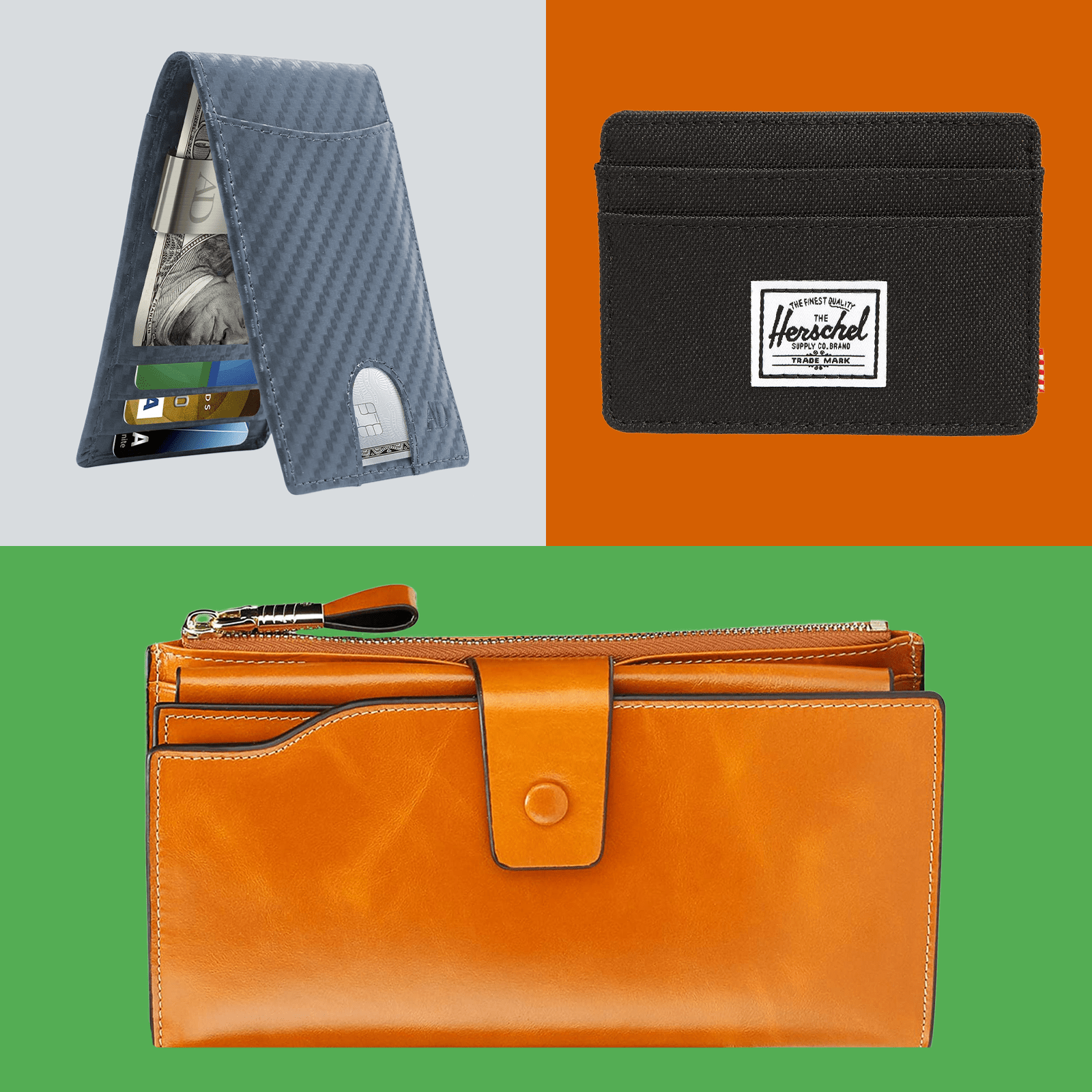 Three wallets: a grey open wallet holding money, a black cardholder with a label, and an orange zip wallet. Background colors vary.
