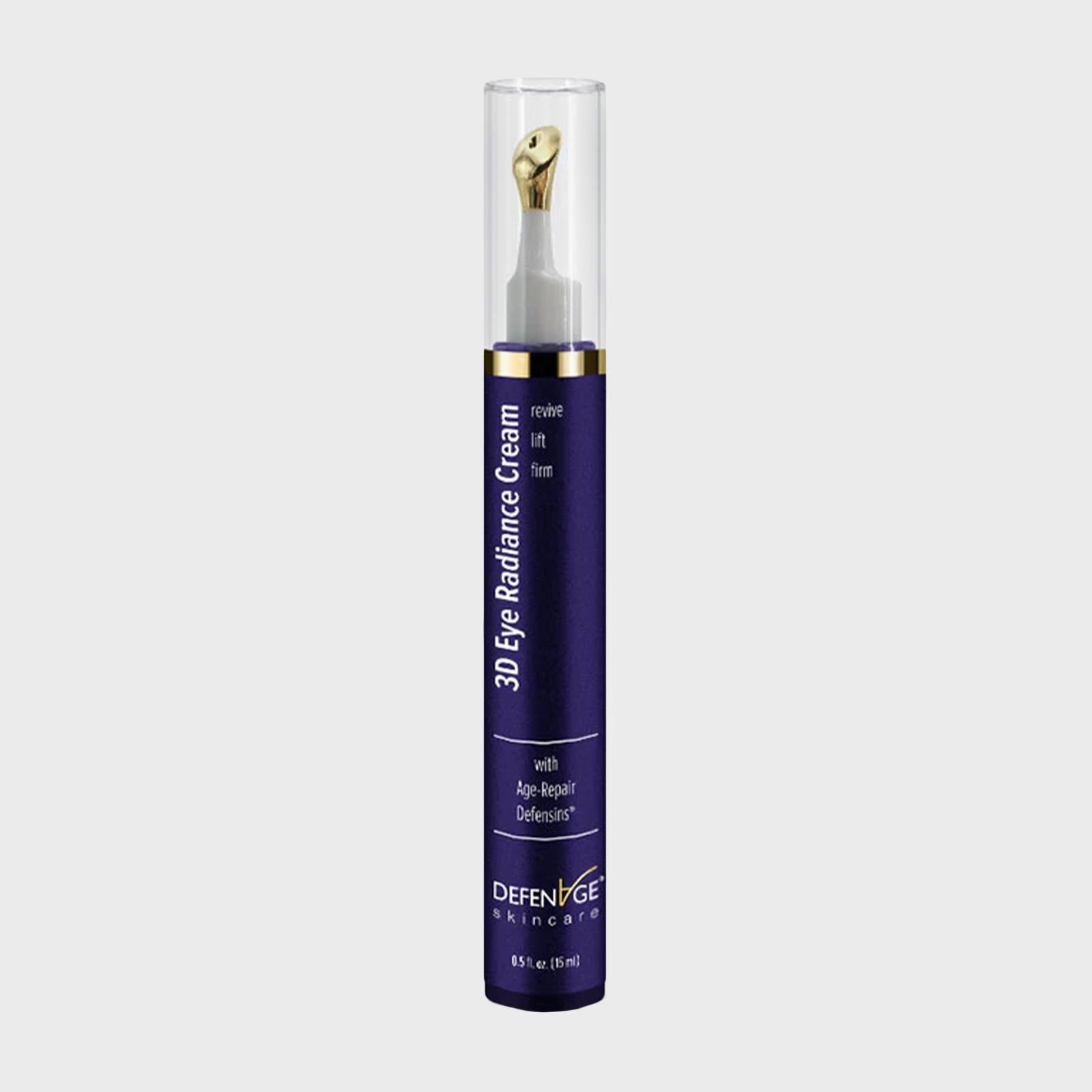 Bottle labeled "3D Eye Radiance Cream" stands upright; blue container with gold applicator, set against a neutral background.