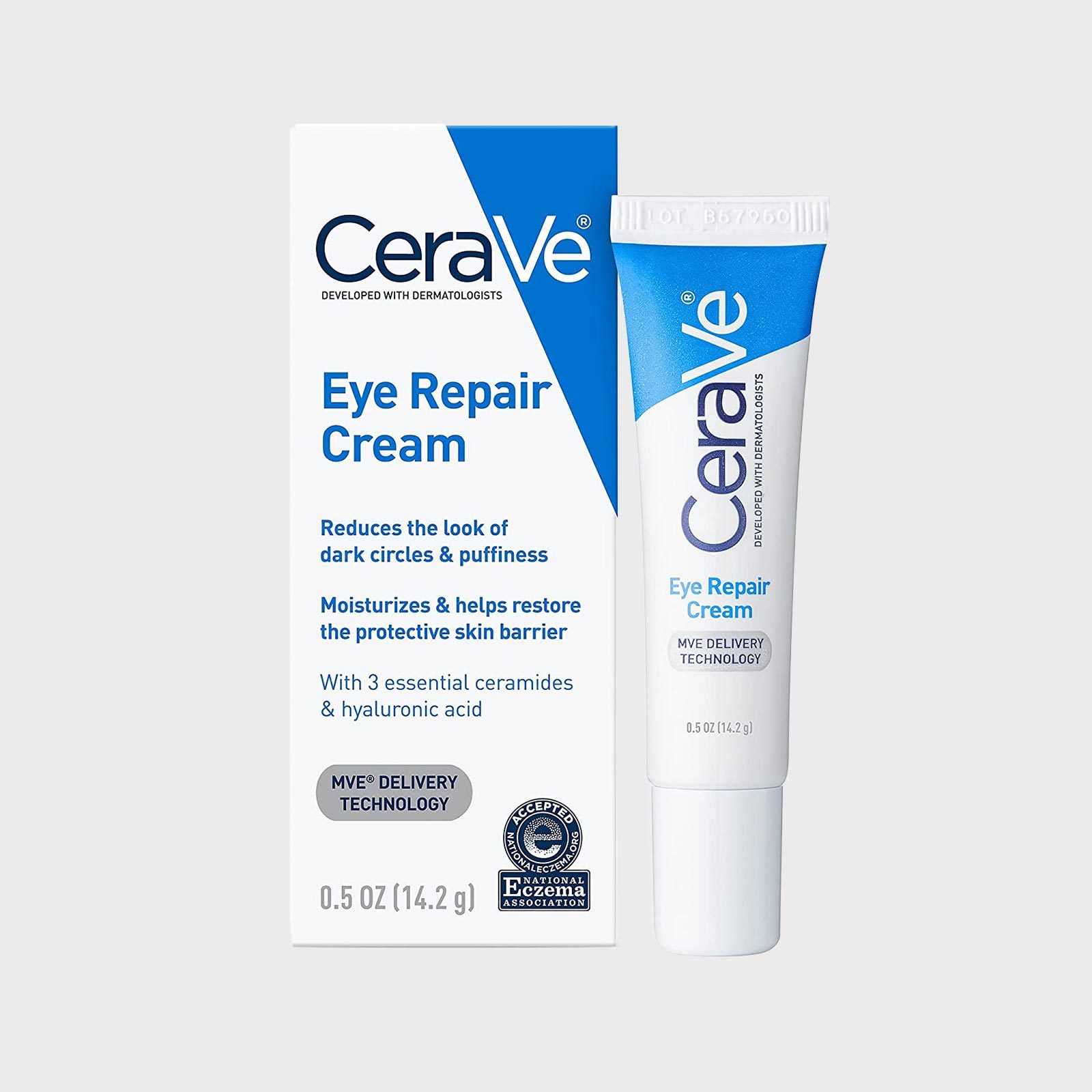 Tube stands beside box, displaying "CeraVe Eye Repair Cream" for reducing dark circles and puffiness; emphasizes ceramides, hyaluronic acid, and MVE delivery technology.