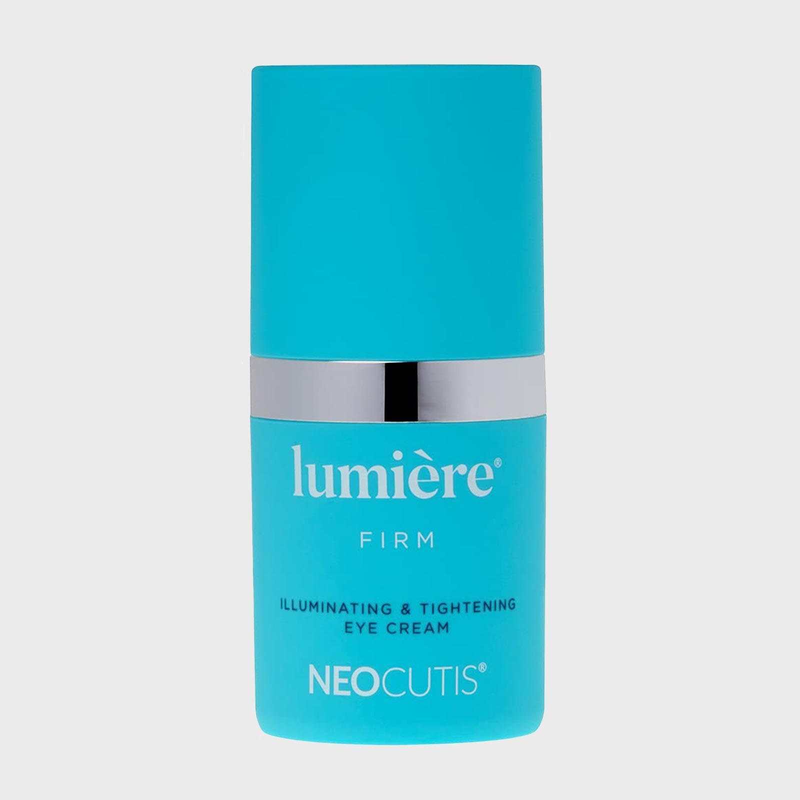 A turquoise bottle displays "lumiÃ¨re FIRM," "ILLUMINATING & TIGHTENING EYE CREAM," and "NEOCUTIS" against a plain background.