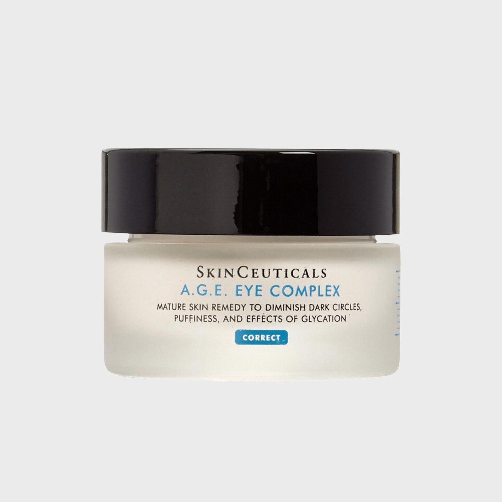 A small jar features "SkinCeuticals A.G.E. Eye Complex" label, promotes skin remedy for dark circles, puffiness, glycation effects; plain background.