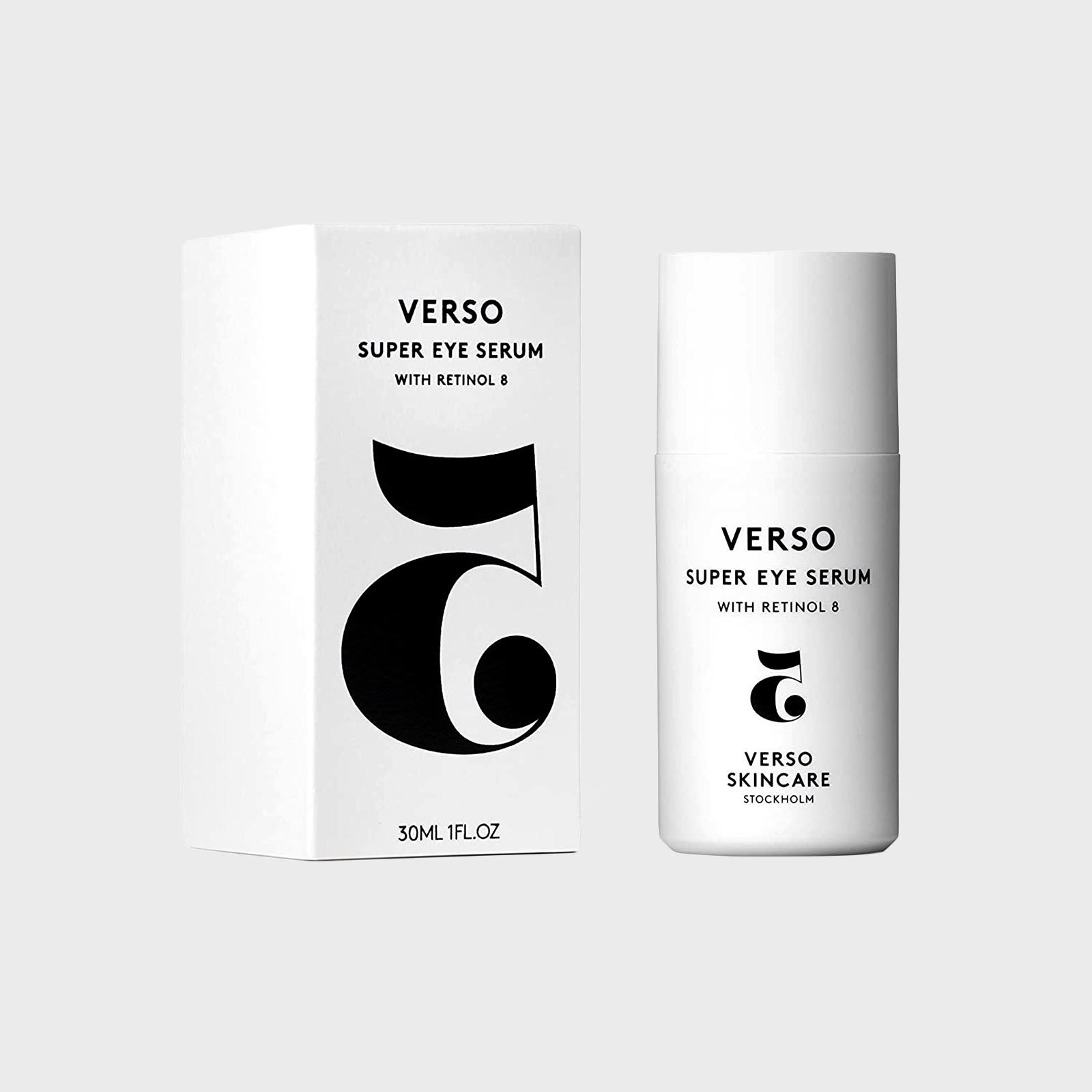 White bottle of Verso Super Eye Serum stands beside matching box, featuring bold "5" design. Text specifies "With Retinol 8," context is minimal.
