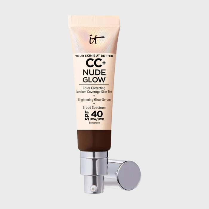 Tube stands upright, displaying cosmetic information; features include medium coverage, brightening serum, and SPF 40, set against a light gray background.