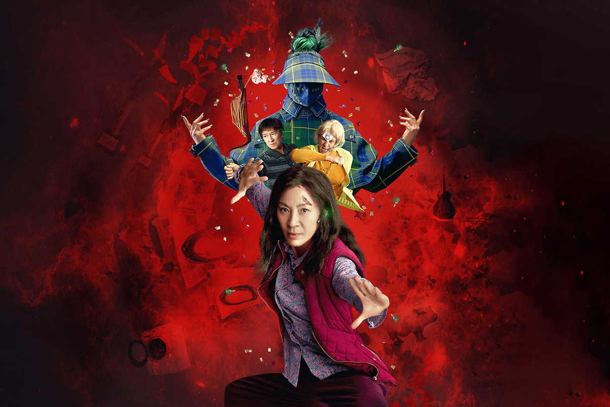 Woman strikes action pose amid red swirling chaos; two people with martial arts stances and a tall figure stand behind her.